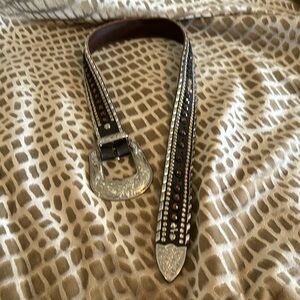 Fancy small leather western style belt amber faux jewels and silver tone details
